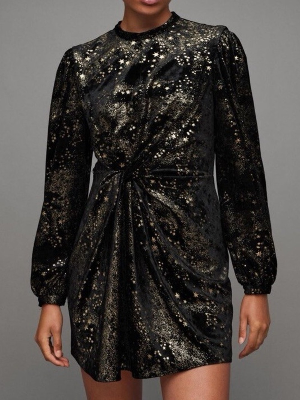 AllSaints Jemima Star Printed Velvet Knot Mini Dress Sz 2 Black Gold celestial
